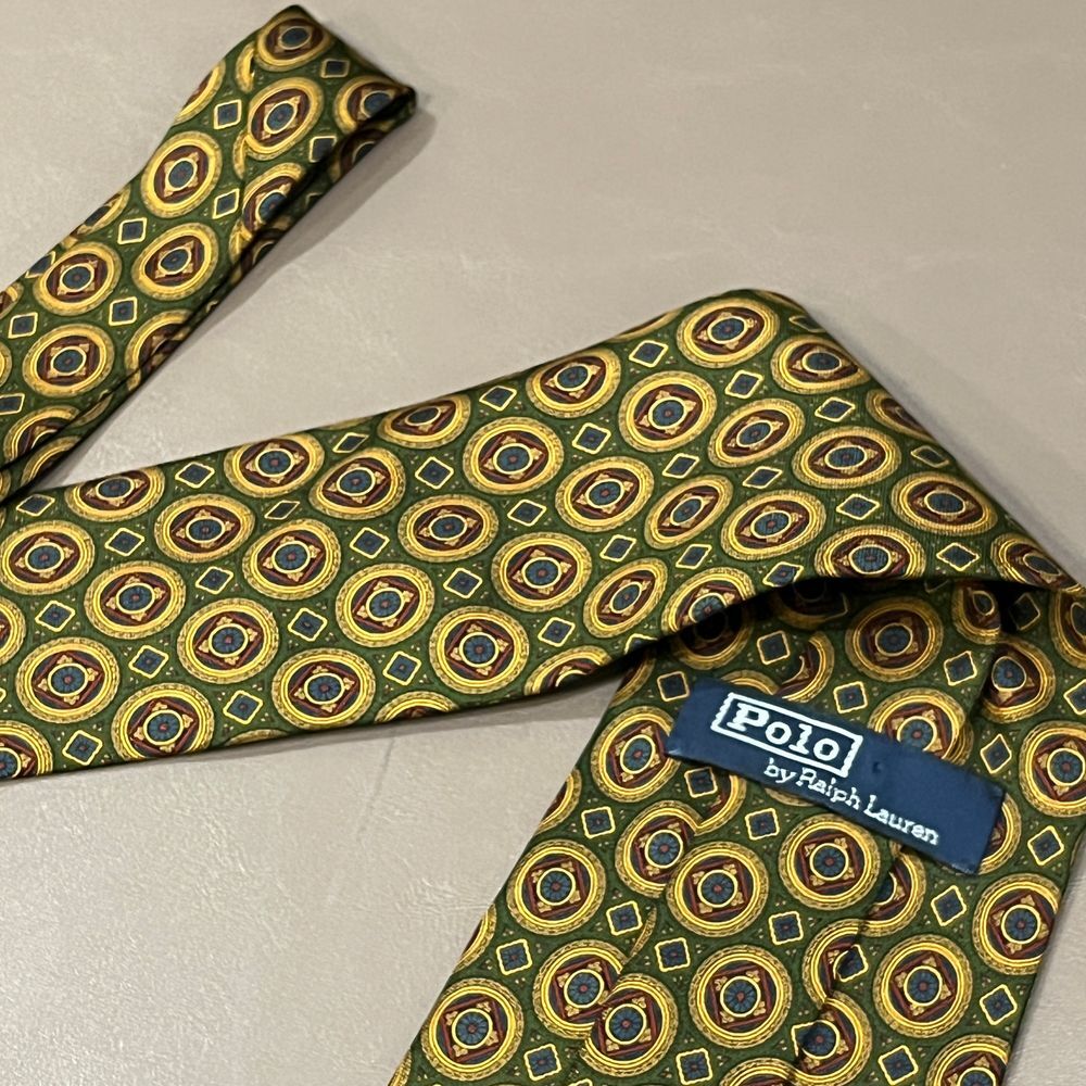 Polo Ralph Lauren Vintage Geometric Circle Print Silk Tie in Green and Gold - Picture 7 of 12
